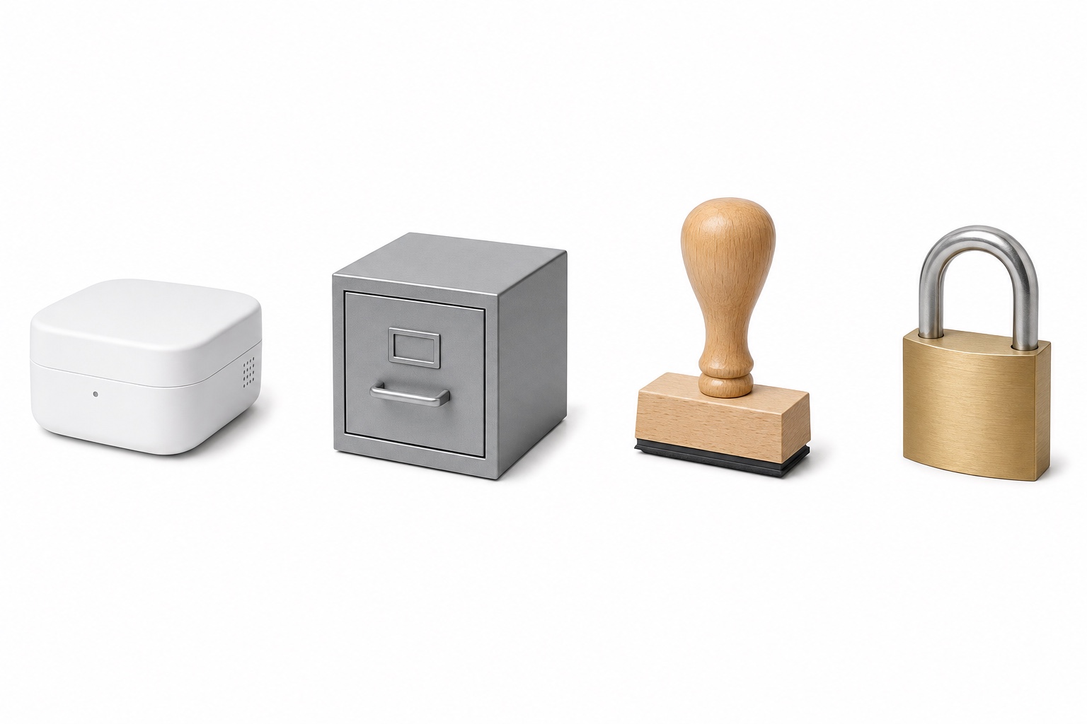 A small device, a filing drawer, a stamp and a padlock